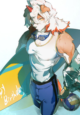anthro bodily_fluids bottomwear clothing fur hair horn kemono long_hair looking_at_viewer male multicolored_body multicolored_fur multicolored_hair nipple_outline orange_hair orange_horn orange_tail shorts simple_background sleeveless_shirt solo surfboard sweat tail tan_body tan_fur two_tone_body two_tone_fur two_tone_hair white_background white_body white_fur white_hair yellow_eyes ro_ru39 arknights hypergryph studio_montagne hung_(arknights) canid canine canis domestic_dog mammal 2026 absurd_res hi_res