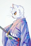 anthro asian_clothing black_eyes clothing east_asian_clothing japanese_clothing kimono male sheathed_sword simple_background solo white_background yellow_sclera songyeerhu white_cat_legend li_bing_(white_cat_legend) domestic_cat felid feline felis mammal 2021 2:3 hi_res