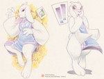 2016 alternate_species anthro barefoot clothed clothing conditional_dnp dress ears_down feet female fur holding_clothing holding_object lagomorph leporid looking_at_viewer loupgarou lying mammal nude on_back pivoted_ears rabbit solo text toriel traditional_media_(artwork) undertale_(series) url white_body white_fur