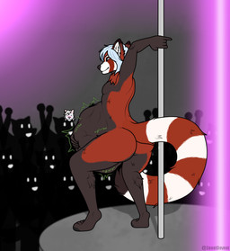 ambiguous_gender anthro belly big_belly big_butt butt dancing exhibitionism group male male_focus nude pole pole_dancing silhouette solo_focus thick_thighs vore snoutdevout ailurid mammal red_panda