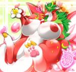 anthro big_breasts blush breasts claws female genitals heart_symbol huge_breasts nipples non-mammal_breasts overweight overweight_anthro overweight_female pawpads paws plant pussy red_body solo tail toe_claws white_body wings ymbk mythology puzzle_and_dragons red_sky_fruit_strawberry_dragon strawberry_dragon dragon elemental_creature flora_fauna mythological_creature mythological_scalie scalie