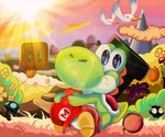 ambiguous_gender anthro beak being_watched clothing day detailed_background flower footwear grass group hat headgear headwear light looking_at_another mountain outside plant sitting smile sunlight wings tudduls mario_bros nintendo avian green_yoshi yoshi 2018