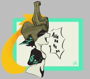 armor black_body blonde_hair blue_markings breasts dialogue eyes_closed female hair headgear helmet humanoid_pointy_ears laugh long_hair markings open_mouth open_smile pointy_ears ponytail side_view small_breasts smile solo text white_body wide_hips tofuuu nintendo the_legend_of_zelda twilight_princess midna humanoid imp twili