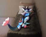 bed clothing dildo female feral furniture genitals pussy sex_toy solo strapon stretching tail foxydraws nintendo pokemon amira_(cafe_plaisir) eeveelution generation_1_pokemon pokemon_(species) vaporeon hi_res