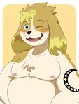 2024 anthro belly blush canid canine canis domestic_dog hi_res hisaki_(live_a_hero) kemono lifewonders live_a_hero male mammal moobs nipples one_eye_closed overweight overweight_male simple_background solo tattoo tukiguma761 wink