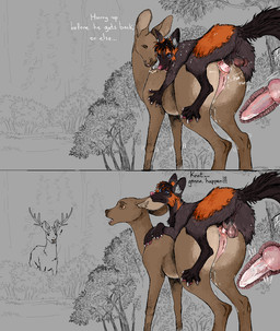 anal anal_penetration antlers balls blue_eyes bodily_fluids caught_in_the_act cuckold cum dialogue duo exclamation_point female feral feral_on_feral from_behind_position genital_fluids genitals horn humor interspecies knot male male/female mounting penetration penile penile_penetration penis penis_in_ass perching_position pun sex tail text vulva jeffusherb canid canine deer fox mammal comic english_text