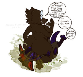 anthro big_butt butt degradation dominant dominant_female duo eyewear facesitting fart fart_bullying fart_fetish farting_on_another farting_on_face female female_farting glasses grin humiliation looking_back machine male male/female nude nude_female sitting_on_another smile sound_effects stinkface submissive submissive_male text tongue tongue_out waving_hand nasenbluten canid canine canis domestic_dog mammal protogen english_text hi_res