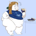 accessory anthro band_shirt belly big_belly blue_background blue_clothing blue_shirt blue_topwear blueberry_(fruit) blueberry_pie blush bottomless brown_hair clothed clothing eating fat_arms fat_legs female food food_on_face fruit hair hair_accessory hair_ribbon horn looking_at_viewer navel obese obese_female overweight overweight_female pastry pie plant ribbons shirt short_stack short_tail simple_background solo tail topwear glubbub cass_(glubbub) joni_mitchell bovid caprine goat mammal full-length_portrait hi_res portrait