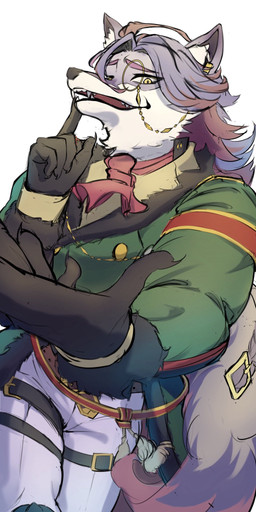 anthro bottomwear clothing eyewear fancy_clothing fluffy fluffy_tail fur green_clothing green_topwear grey_body grey_fur grey_hair hair handwear kerchief leg_belt looking_at_viewer male monocle multicolored_body multicolored_fur neckerchief neckwear pants simple_background solo tail topwear two_tone_body two_tone_fur white_body white_bottomwear white_clothing white_fur white_pants yellow_eyes ryu104063 compass_(combat_providence_analysis_system) charles_richter_(compass) canid canine canis mammal wolf 2026 hi_res