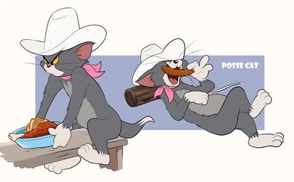 anthro arms_bent bent_legs blue_background bowl clothing container cowboy cowboy_hat crossed_legs drumstick_(food) extended_arms food furniture happy hat headgear headwear kerchief leg_over_thigh lying male meat neckerchief neckwear on_back on_model planted_leg sausage simple_background sitting smile solo straddling string table white_background atori metro-goldwyn-mayer tom_and_jerry thomas_cat domestic_cat felid feline felis mammal