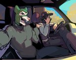 anthro bank_robbery black_bottomwear black_clothing black_eyes black_hat black_headwear black_mask black_pants black_shirt black_topwear blue_clothing bottomwear bulletproof_vest burglar burglary car car_interior clothing crime criminal dominant dominant_anthro dominant_male driving driving_car duo fangs fugitive fur gesture grabbing_shoulders green_balaclava green_mask grey_body grey_fur hand_gesture hand_on_shoulder hat headgear headwear heist holding_shoulder looting male manly middle_finger muscular muscular_anthro muscular_male pants pink_body pink_fur pink_paws profanity robber robbery robbing shirt stealing teeth thief thug tongue topwear vehicle white_body white_clothing white_fur white_shirt white_topwear grumpy_gray_guy mammal murid murine rat rodent hi_res