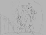 anthro barefoot bottomwear clothed clothing duo eating feet female food fully_clothed fur holding_food holding_object holding_popsicle male open_mouth open_smile outside pants pawpsicle plant popsicle shirt shorts smile t-shirt text tongue tongue_out topwear tree walking s1m disney zootopia judy_hopps nick_wilde canid canine fox lagomorph leporid mammal rabbit red_fox true_fox 2020 4:3 english_text hi_res monochrome sketch