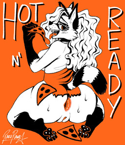 anthro anus bodily_fluids butt butt_focus female food genitals on_ground open_mouth pawpads paws pizza rear_view saliva smug solo sweat text vulva rakurawr little_caesars connie_(rakurawr) mammal procyonid raccoon hi_res