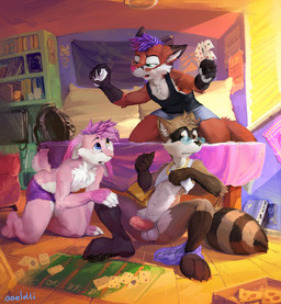 4_toes 5_fingers anthro backpack balls barefoot bed black_body black_clothing black_fur black_nose black_topwear blue_eyes blush bottomwear brown_body brown_eyes brown_fur buckteeth card clothed clothing clothing_around_one_leg day dipstick_ears ear_markings eyewear feet fingerless_(marking) fingers food fur furniture genitals glasses gloves_(marking) green_eyes grey_clothing grey_underwear group hair heterochromia holding_object humanoid_genitalia humanoid_penis inside kneeling leg_markings looking_at_another male male/male markings multicolored_ears navel on_bed open_mouth orange_body orange_fur partially_clothed paws penis pillow pink_body pink_fur pink_nose pizza playing_card purple_clothing purple_hair purple_underwear raised_tail shirt short_hair short_tail shorts sitting skimpy socks_(marking) striped_markings striped_tail stripes tail tail_markings tank_top teeth toes topless topwear underwear underwear_around_one_leg underwear_down white_body white_clothing white_fur white_topwear window yellow_eyes oselotti kigufox canid canine lagomorph leporid mammal procyonid rabbit raccoon 2017 digital_media_(artwork) hi_res