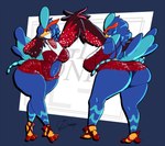 anthro beak big_breasts big_butt big_tail blue_background blue_body blue_feathers blue_hair breasts butt cleavage clothed clothing curvy_anthro curvy_female curvy_figure feathers female hair huge_butt huge_hips huge_thighs navel non-mammal_breasts non-mammal_navel overweight overweight_anthro overweight_female pokemorph samba samba_dancer samba_outfit side_boob simple_background solo tail tail_feathers thick_thighs tight_clothing voluptuous voluptuous_anthro voluptuous_female wide_hipped_anthro wide_hipped_female wide_hips yellow_beak bigoldoinks nintendo pokemon purrita_(grima) avian bird generation_9_pokemon pokemon_(species) quaquaval hi_res