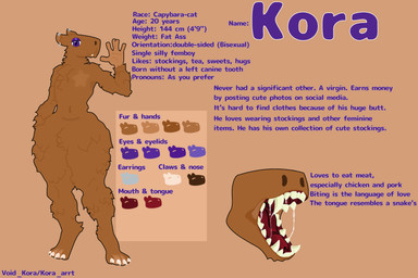 anthro arm_tuft ass_up belly big_butt bodily_fluids brown_body brown_fur butt chest_tuft claws drooling drooling_tongue ear_piercing ear_ring elbow_tuft fangs femboy fluffy forked_tongue fur huge_butt kora_(capybara) male navel neck_tuft open_mouth piercing purple_eyelids purple_eyes ring_piercing saliva silly silly_face small_waist smile solo star teeth text tongue tuft void_kora capybara caviid mammal rodent 3:2 english_text hi_res