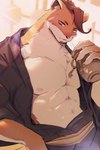 5_fingers abs anthro barazoku brown_eyes brown_hair clothed clothing fingers fur hair male muscular muscular_male nipples open_clothing open_shirt open_topwear pecs shirt solo topwear whiskers sollyz genshin_impact mihoyo kamai_kenji mammal mustelid 2022 2:3 digital_media_(artwork) hi_res