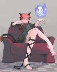 5_toes armchair barefoot black_body black_fur bone breasts chair clothing crossed_legs dress feet female fire fur furniture green_clothing green_dress hair red_eyes red_hair ribbons simple_background skull solo toes motsuni touhou rin_kaenbyou animal_humanoid cat_humanoid felid felid_humanoid feline feline_humanoid humanoid mammal mammal_humanoid 2016 hi_res