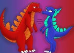 anthro duo female happy male male/female simple_background smile hatakeclarissarts kaiju monster noah_(disambiguation) digital_drawing_(artwork) digital_media_(artwork)