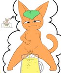 anthro bodily_fluids container female female_peeing genital_fluids genitals leaf nipples nude peeing peeing_into_container pussy simple_background solo standing text urine urine_stream watersports third-party_edit animal_crossing nintendo tangy_(animal_crossing) mammal color_edit colored