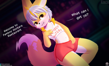 anthro blush blush_lines clothing crop_top fur looking_at_viewer male restaurant shirt smile smiling_at_viewer solo standing text topwear yellow_body yellow_fur senz femboy_hooters absurd_res hi_res