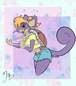 anthro anthrofied backpack bottomwear buckteeth buckteeth_(lower_incisors) clothing crop_top gym_leader midriff navel pokemorph shirt shorts solo teeth thong_straps topwear mursa nintendo pokemon misty_(pokemon) generation_1_pokemon mammal pokemon_(species) rattata rodent squirtle