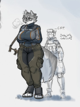 anthro armor big_breasts breasts clothing dialogue duo female headgear helmet male male/female military military_uniform simple_background size_difference thick_thighs uniform weapon s_miles_art wolf_operator canid canine canis human mammal wolf hi_res