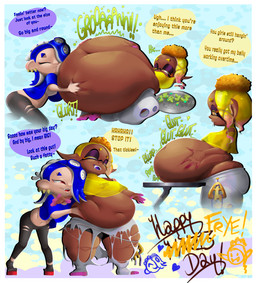 belly big_belly blonde_hair blue_hair brown_body brown_skin digestion duo female hair obese overweight simple_background text toony vore weight_gain malachi21148 nintendo splatoon frye_(splatoon) shiver_(splatoon) aquatic cephalopod inkling mollusk 2026 detailed english_text hi_res shaded soft_shading