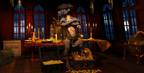amputee anthro brown_body brown_scales candle clothing crossed_arms disability doublons erection genitals gold_(metal) hat headgear headwear inside male penis pirate scales solo tail treasure treasure_chest wooky mythology dragon millennium_dragon mythological_creature mythological_scalie scalie 3d_(artwork) digital_media_(artwork) hi_res