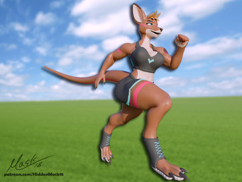 anthro bodily_fluids bottomwear clothing digitigrade female fist footwear muscular pawpads running shirt shoes shorts sneakers solo sportswear sweat tank_top topwear hiddenmask18 kangaroo macropod mammal marsupial 3d_(artwork) 4:3 blender_(artwork) digital_media_(artwork)