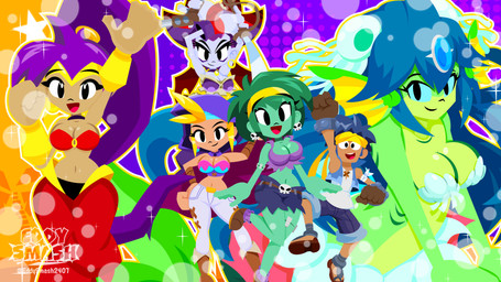 accessory bottomwear breasts cleavage clothed clothing crop_top female fist green_hair group hair hair_accessory hairband headband logo male purple_clothing purple_crop_top purple_hair purple_shirt purple_topwear shirt shorts text topwear eddysmash2407 shantae_(series) wayforward bolo_(shantae) giga_mermaid risky_boots rottytops shantae sky_(shantae) genie humanoid undead zombie 2026 absurd_res artist_logo artist_name digital_drawing_(artwork) digital_media_(artwork) hi_res tagme