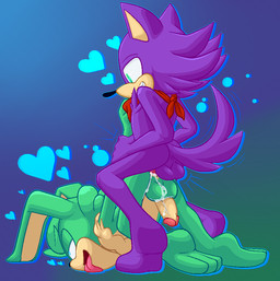 abstract_background all_fours anal anal_penetration anthro anus arm_grab arm_pull ass_up balls blue_eyes bodily_fluids clothing crouching cum cum_in_ass cum_inside duo erection feet from_behind_position fur genital_fluids genitals green_body green_eyes green_fur grin half-closed_eyes head_down heart_eyes heart_symbol kerchief looking_pleasured male male/male male_penetrated male_penetrating male_penetrating_male narrowed_eyes nude open_mouth penetration penis prison_guard_position purple_body purple_fur rear_admiral_position sex smile tongue tongue_out wrist_grab junebug69 sega sonic_the_hedgehog_(series) fan_character tart_the_bunny canid canine canis lagomorph leporid mammal rabbit wolf