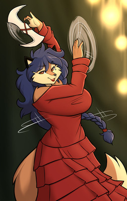 anthro big_breasts blue_hair braided_hair breasts brown_body brown_eyes brown_fur clothing curvesickle dress eyebrow_through_hair eyebrows female fur hair holding_melee_weapon holding_object holding_weapon long_hair markings melee_weapon mole_(marking) red_clothing red_dress solo spinning_weapon tan_body tan_fur translucent translucent_hair weapon hexteknik hollow_knight:_silksong hollow_knight_(franchise) sly_cooper_(series) sony_corporation sony_interactive_entertainment sucker_punch_productions team_cherry carmelita_fox skarrsinger_karmelita canid canine fox mammal 2025 hi_res