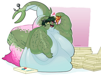 ambiguous_gender anthro belly big_belly big_breasts box breasts butt container ear_piercing eating eating_food food holding_object huge_belly huge_breasts morbidly_obese morbidly_obese_ambiguous morbidly_obese_anthro nude obese obese_ambiguous obese_anthro open_mouth overweight overweight_ambiguous overweight_anthro piercing pizza pizza_box simple_background solo tail catboyz amphibian digital_media_(artwork) hi_res