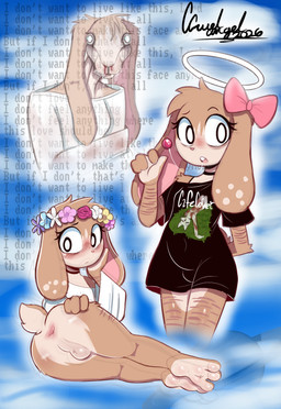 anthro anus balls band_shirt big_butt blush bow_ribbon butt candy clothing cloud dessert femboy floppy_ears flower flower_crown food genitals lollipop looking_at_viewer plant saturn_(planet) scar self-harm_scars shirt sky topwear white_eyes ccruelangel angel lagomorph leporid mammal monster rabbit absurd_res hi_res model_sheet signature trans_(lore) trans_woman_(lore)