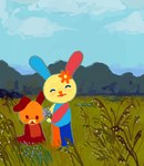 ambiguous_gender anthro duo eyes_closed female feral flower grass nature plant plushie sky smile qs75834_(artist) sanrio nuts_(usahana) usahana animate_inanimate lagomorph leporid living_plushie mammal rabbit 2017