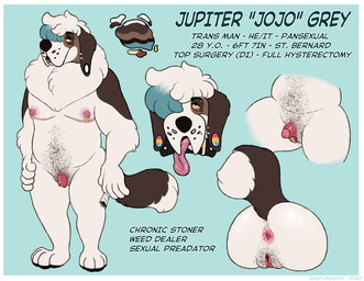 andromorph anthro anus big_anus big_butt big_clitoris big_nipples big_vulva body_hair border butt clitoris collar color_swatch ear_piercing ear_ring eye_bags gauged_ear genitals gold_(metal) gold_jewelry intersex jewelry lgbt_pride mane marijuana_blunt mastectomy_scar musclegut muscular nipple_piercing nipple_ring nipples pansexual_pride_colors piercing pride_colors pubes ring_piercing scar solo spiked_collar spikes text tongue visibly_trans vulva wearing_collar whisker_spots white_border badfurgood jupiter_(badfurgood) canid canine canis domestic_dog mammal molosser mountain_dog saint_bernard english_text hi_res model_sheet trans_(lore) trans_man_(lore)