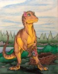 bouquet claws cloud female feral flower flower_bouquet flower_on_head lonely nest plant sad scales shrub sky solo standing tree waiting water blaquetygriss guingi_(deino_crown) allosaurid allosaurus ambient_bird dinosaur prehistoric_species reptile scalie theropod