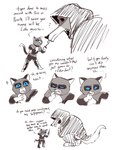 anthro blue_eyes bodily_fluids canid canine canis clothed clothing comic death_(puss_in_boots) dialogue domestic_cat dreamworks duo english_text felid feline felis female fluffy fluffy_tail hi_res humor interspecies kitty_softpaws kneeling male male/female mammal puss_in_boots_(dreamworks) red_eyes size_difference standing sweat tail text ultimatellurker wolf