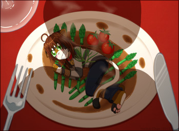 anthro asparagus bdsm black_body black_fur blush bondage bound brown_body brown_fur brown_hair character_prepared_as_food clothed clothing cutlery dominant dominant_pov duo female first_person_view food fork fruit fur glass green_eyes green_sclera hair imminent_vore kitchen_utensils knife long_hair looking_at_viewer micro on_plate open_mouth pawpads paws plant plate pred_pov pupils rope shadow slit_pupils teeth tomato tools vegetable vore white_body white_fur incredibleediblecalico gen_the_calico felid mammal unknown_species 2013 hi_res