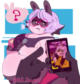anthro before_and_after belly belly_overhang big_belly big_breasts blue_background bodily_fluids bottomwear breasts cellphone chewing chubby_cheeks cleavage clothed clothing confusion crop_top cutlery dessert duo eating eating_food electronics eyelashes eyewear fat_arms female food glasses grey_hair hair holding_cellphone holding_food holding_ice_cream holding_object holding_phone holding_smartphone holding_spoon ice_cream kitchen_utensils looking_at_viewer nervous nervous_sweat obese obese_anthro obese_female overweight overweight_anthro overweight_female phone photo pink_eyewear pink_glasses pov_hands question_mark round_glasses shirt short_hair shorts side_boob side_view simple_background simple_eyes smartphone solo_focus speech_bubble spoon standing sweat sweatdrop tools topwear undersized_clothing undersized_topwear wearing_glasses weight_gain white_body white_eyes pink_poison67 carrie_(pink_poison67) lagomorph leporid mammal rabbit 2021 absurd_res digital_drawing_(artwork) digital_media_(artwork) hi_res signature