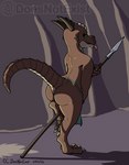 anthro bottomwear brown_body brown_scales butt claws clothed clothing countershading cute_fangs digitigrade fangs featureless_crotch green_eyes horn loincloth looking_back male melee_weapon polearm pupils raised_leg raised_tail ridged_tail scales skimpy slit_pupils smile solo spear tail tan_body tan_scales teeth toe_claws tongue tongue_out topless weapon wide_hips doesnotexist subscribestar bryce_daeless kobold scalie 2023 cel_shading digital_media_(artwork) hi_res shaded signature watermark