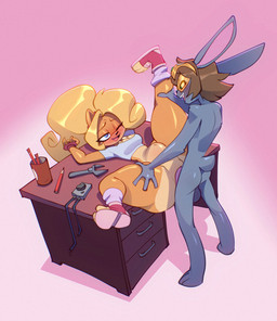 abdominal_bulge anthro balls biped blonde_hair breasts brown_hair butt clothed clothing duo eyewear female female_penetrated genitals goggles hair lying male male/female male_penetrating nude on_back pear-shaped_figure penetration penis pupils sex short smile thick_thighs wide_hips bigdad activision crash_bandicoot_(series) coco_bandicoot scoped_(bnuuyjournalist) bandicoot mammal marsupial 2025