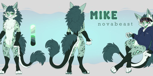 anthro cheek_tuft chest_tuft clothing eyewear eyewear_on_head facial_tuft fluffy goggles goggles_on_head green_body green_eyes hoodie male simple_background solo topwear tuft kozke mike_(ninjamike005) novabeast hi_res model_sheet