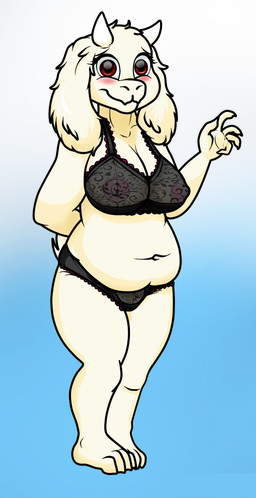 anthro blue_background clothing female front_view genitals gradient_background lingerie simple_background solo standing vulva unknown_artist undertale undertale_(series) toriel boss_monster_(undertale) bovid caprine mammal source_request