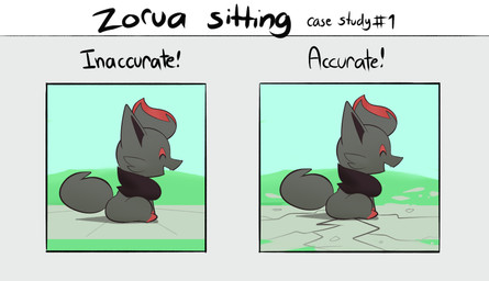black_body black_fur butt chibi comparison cracked_ground eyes_closed feral fur fur_tuft happy outside red_body red_fur sitting solo text tuft inkune nintendo pokemon generation_5_pokemon mammal pokemon_(species) zorua comic english_text hi_res