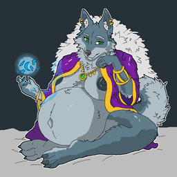 animated_gif anthro anthro_on_anthro big_breasts breasts decoration female fetal_movement fur gold_(metal) gold_jewelry green_eyes grey_body grey_fur jewelry magic mantle nipples pregnant pregnant_anthro pregnant_female solo wolf_tail makseqs heina canid canine canis mammal wolf 1:1 animated short_playtime