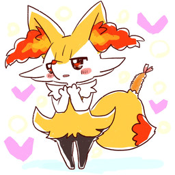 3_fingers 3_toes ambiguous_anthro ambiguous_gender anthro arm_tuft biped black_body black_fur blush blush_lines blush_stickers cheek_tuft chibi dipstick_tail facial_tuft feet fingers food front_view fur heart_symbol hip_tuft inner_ear_fluff markings multicolored_body multicolored_fur nude_ambiguous nude_anthro object_in_tail open_mouth orange_body orange_fur orange_inner_ear_fluff orange_nose orange_tail_tip pointy_ears prick_ears red_eyes shoulder_tuft shrimp_(food) simple_background solo standing tail tail_markings toes tuft two_tone_tail white_background white_body white_fur yellow_body yellow_fur yellow_tail annyui0611 nintendo pokemon braixen canid generation_6_pokemon mammal pokemon_(species) 1:1 2021 colored digital_drawing_(artwork) digital_media_(artwork) flat_colors full-length_portrait hi_res japanese_description portrait translated_description
