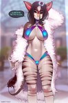2023 absurd_res anthro beastars big_breasts breasts camel_toe clothed clothing cosmo_(beastars) dialogue english_text female front_view fur fur_coat giraffid hi_res lingerie mammal okapi outside partially_clothed skimpy solo speech_bubble standing striped_body striped_fur stripes tail tail_tuft tan_body tan_fur text thong tsampikos tuft underwear wig