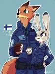 anthro clothing duo earbuds electronics female finland fur green_eyes grey_body grey_fur headphones male police police_uniform purple_eyes red_body red_fur uniform ahiru621 disney zootopia judy_hopps nick_wilde canid canine fox lagomorph leporid mammal rabbit red_fox true_fox 3:4